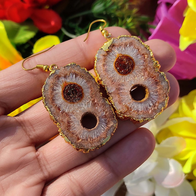 Beautiful Solar Quartz Brown Gemstone Earring Electroplated Edge Boho Earring Design Gold Plated Earring 1 Pair Stone Size 40x25 mm Women,