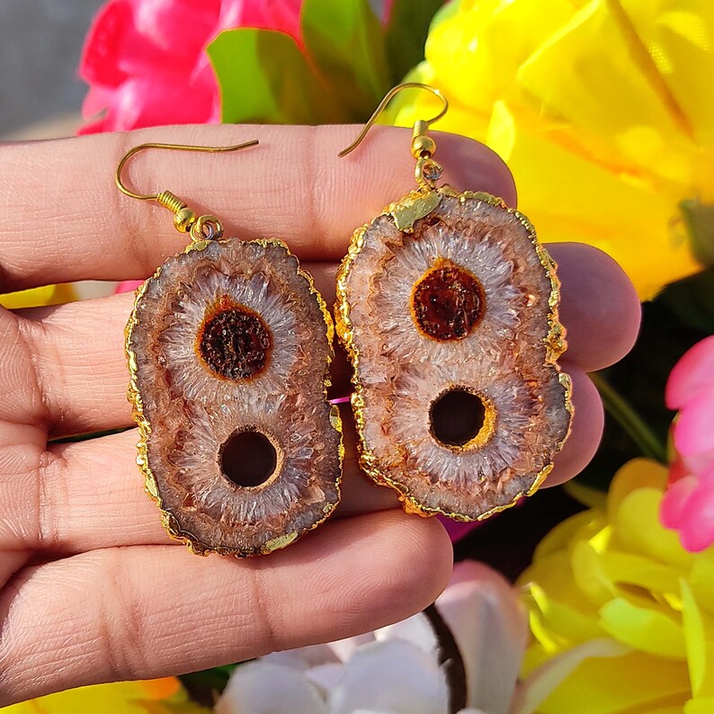Beautiful Solar Quartz Brown Gemstone Earring Electroplated Edge Boho Earring Design Gold Plated Earring 1 Pair Stone Size 40x25 mm Women,