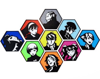 Persona 4 wall art - hexagon decal display character profiles Yu, Teddie/Kuma, Yukiko, Chie, Rise, Yosuke, Naoto, Kanji