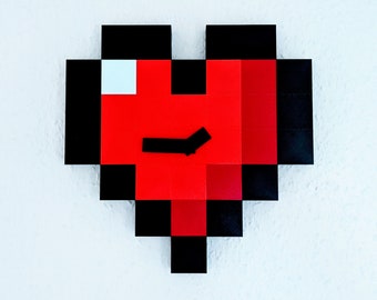 8-bit retro zelda pixel heart clock - wall art gamer decor gifts voxel minecraft SNES 8bit block 3D love NES game boy nintendo mario couples