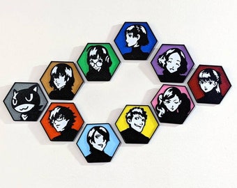 Persona 5 wall art - hexagon decal display character profiles Akechi, Kasumi, Joker, Morgana, Ann, Yusuke, Haru, Makoto, Futaba, Ryuji