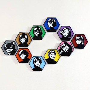 Persona 5 muurkunst - zeshoekige sticker met karakterprofielen Akechi, Kasumi, Joker, Morgana, Ann, Yusuke, Haru, Makoto, Futaba, Ryuji