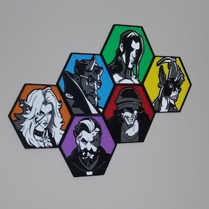 Deadlock wall art - hexagon decal display character profiles Rem Graves Ivy Mina Billy Celeste Victor Drifter Abrams Paige Lash Haze Apollo