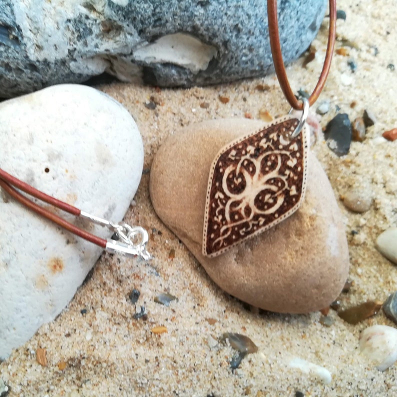 Hand carved diamond shaped tree pyrography pendant
