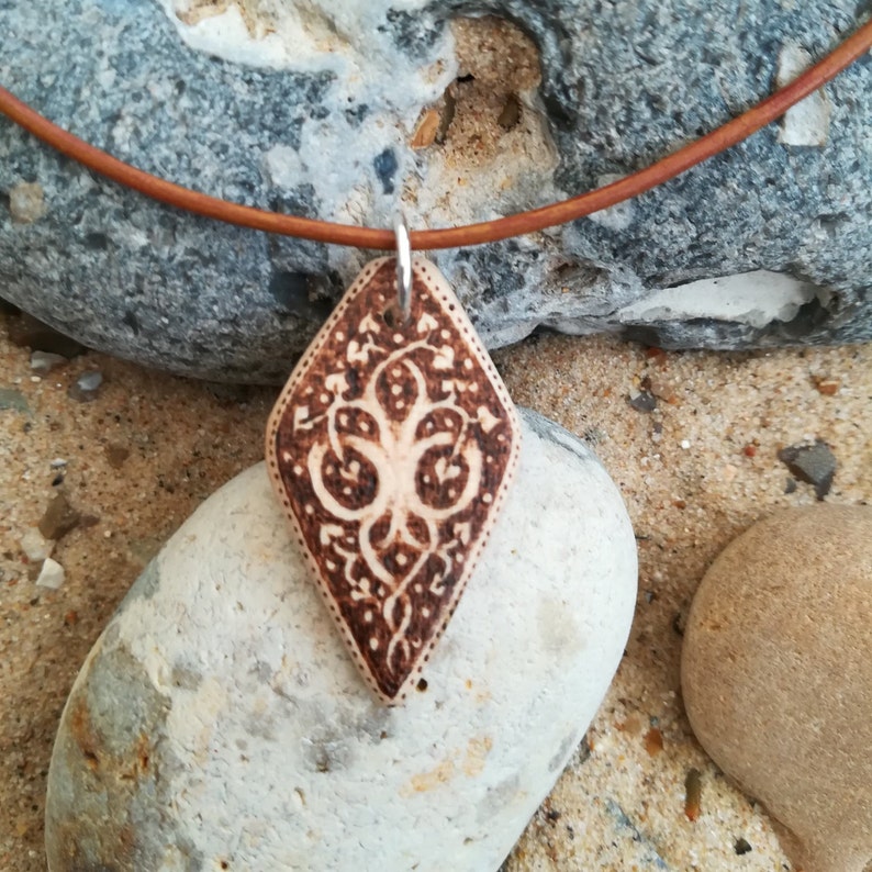Hand carved diamond shaped tree pyrography pendant