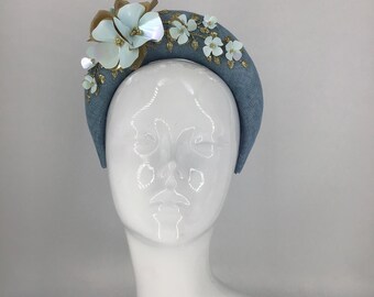 Powder blue, gold halo crown headband fascinator