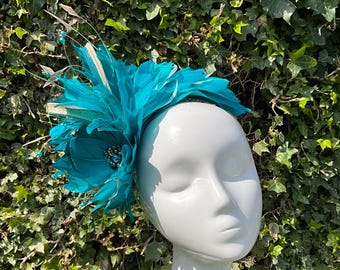 Turquoise , blue and gold feather bespoke jewelled headband,headpiece. Headdress,fascinator