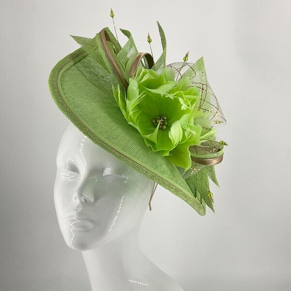 Lime green, neon green, gold feather  fascinator