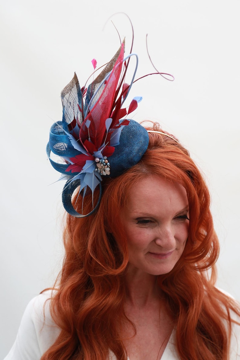 blue and crimson fascinator