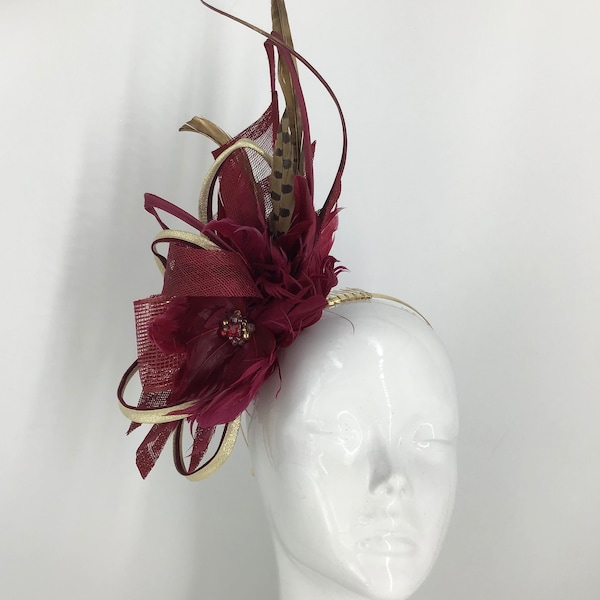 Burgundy, dark reds, Bordeaux, merlot, Berry, red berry and gold pheasant feathers headpiece, headband, fascinator