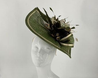Sage green , olive green , gold, bird cage veiling ,  gold pheasant  feathers fascinator hat headpiece