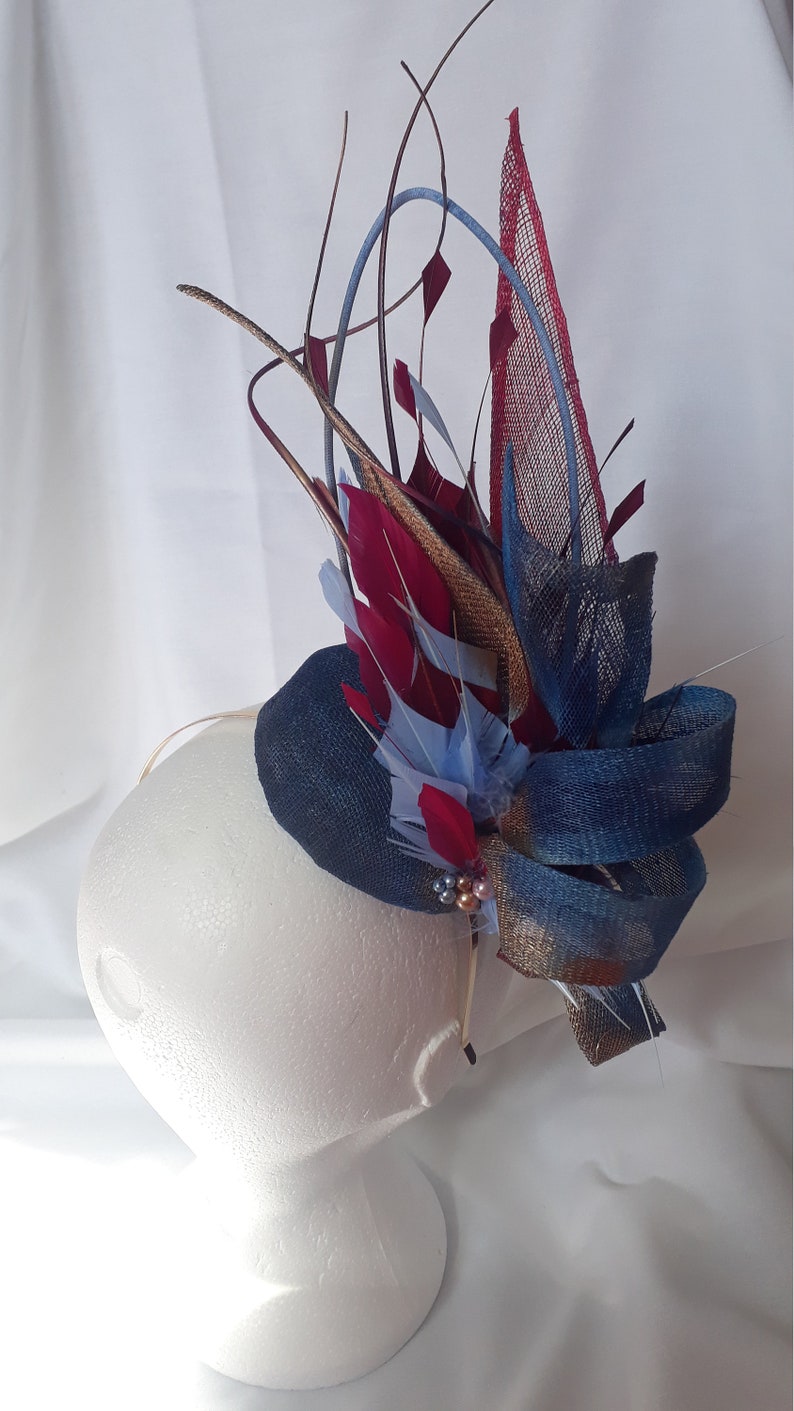 blue and crimson fascinator
