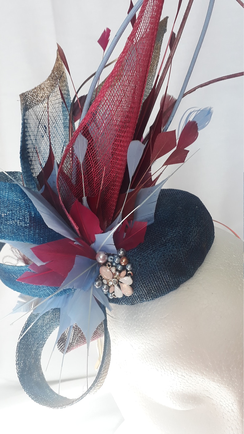 blue and crimson fascinator