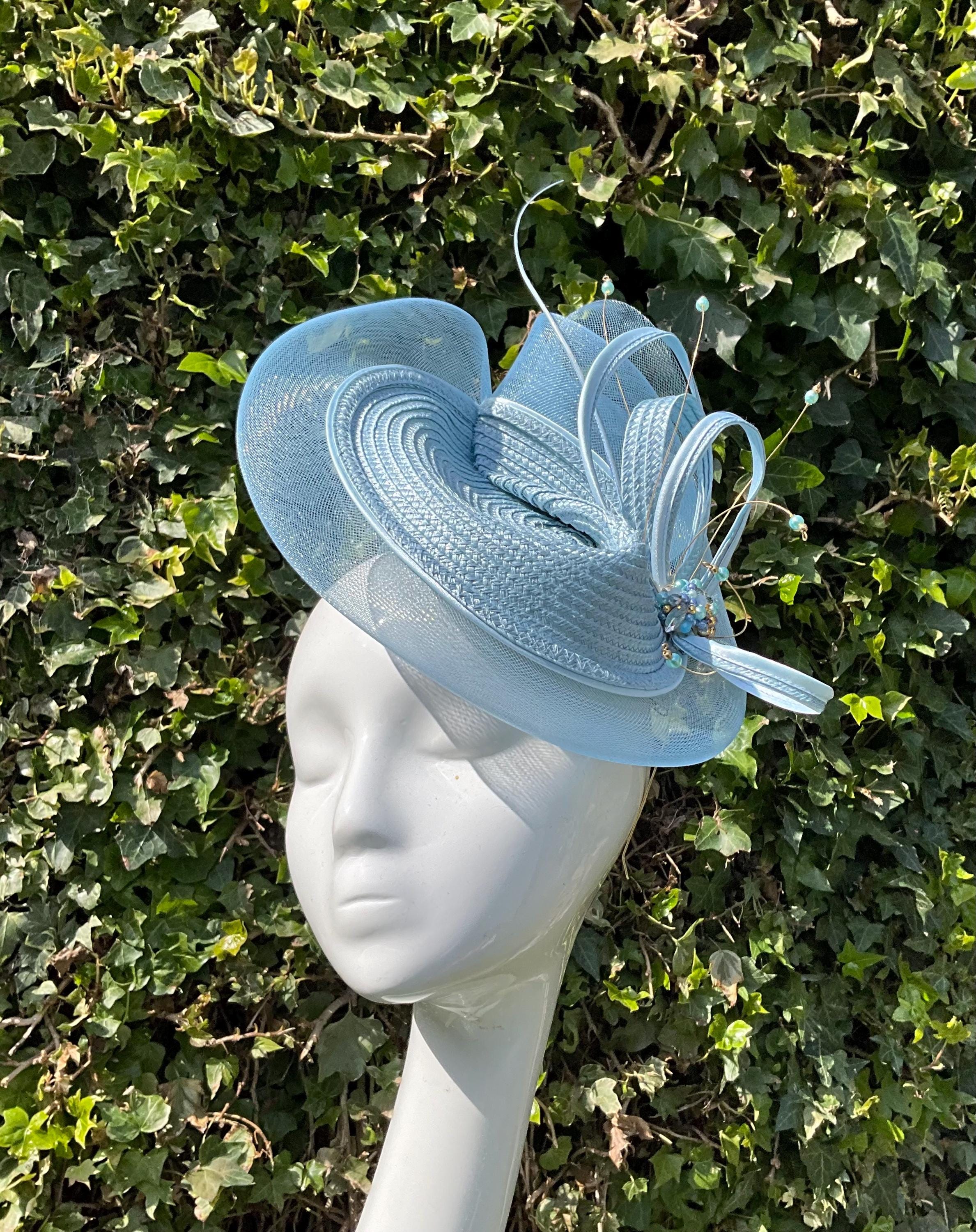 Elegant Ice Blue Fascinator Sun Hat with Rhinestones, Pearls, & Floral Detail Ice Blue Fascinator - Etsy main image 3