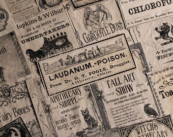 Puede incluir: Una colección de etiquetas de boticario de estilo vintage con varios diseños y texto. Las etiquetas presentan ilustraciones de calaveras, rosas y criaturas míticas, con textos como "Bone Powder" y "Witch's Brew". La estética general es envejecida y antigua.