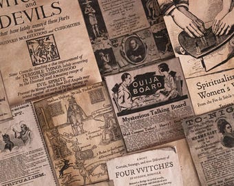 Puede incluir: Una colección de efímeras antiguas en papel envejecido con títulos como "Witches and Devils" y "Ouija Board". Los documentos en tonos sepia presentan ilustraciones y textos relacionados con el espiritismo y lo oculto, creando una estética vintage.