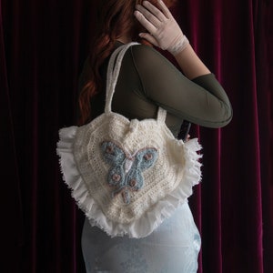 MOTH HEART BAG | Handcrafted Crocheted Fairycore Witchy Moth Heart Bag, Cottagecore, Y2K, Enchanting Accessory, Ethereal Fantasy Fashion