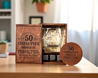 Custom 50th Birthday Whiskey Decanter Set - Personalized Vintage Rock Glass Gifts for Men, Gift for Bourbon Lovers