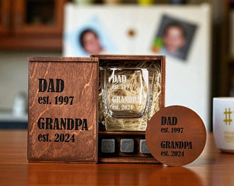 Personalized Whiskey Glass Set with Engraved Wood Box: Grandpa Gift