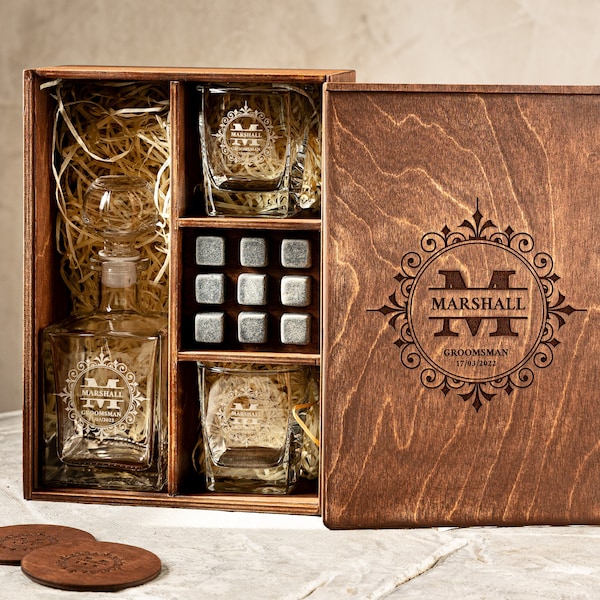 Personalized Whiskey Decanter Set: Engraved Bourbon Glasses, Gift Box