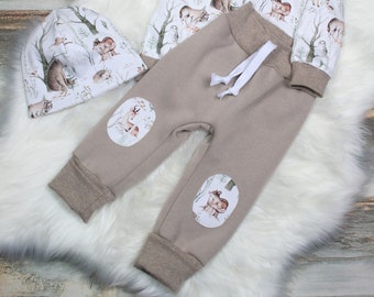 Pump pants for growing with forest animals sweat with fake cord and patches