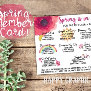 May include: A spring-themed card with the text "Spring Member Card!" and "Spring is in the Air" with essential oil blend recipes for diffusers and room sprays. The card features watercolor floral illustrations and a wooden background.