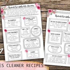 May include: Two 5x7 inch recipe cards with cleaning solutions. The cards feature various cleaning recipes for all-purpose, stain treatment, windows, and more. Floral accents and text are in black.