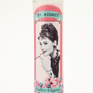 AUDREY HEPBURN - Saint Celebrity Prayer Candle -8 inch Glass Prayer Votive - Handmade in USA - Novelty Candle - Breakfast at Tiffany&#39;s