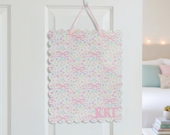 Sorority Dry Erase Board Scallop Shape Featuring Pink and Blue Florals and Bows