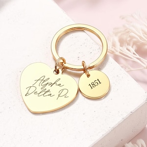 Alpha Delta Pi - Keychain - Heart Keychain – Engraved Sorority Name with Founding Year – ΑΔΠ Big Little or Initiation Gift