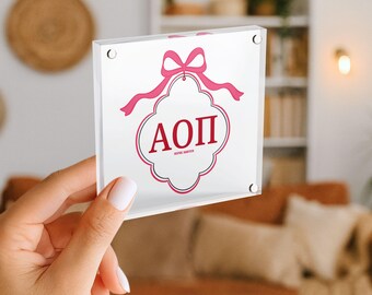 Alpha Omicron Pi - Acrylic Block Sign - Sorority Decor - Scallop Bow Big Little Gift