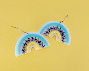 Acrylic Boho Rainbow Earrings - Blue and Yellow Animal Print - Silver Hooks - Cute Earrings