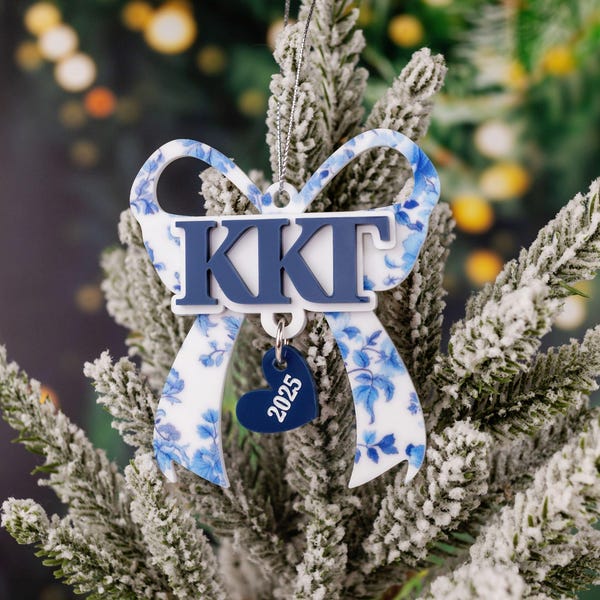 Kappa Kappa Gamma - Christmas Ornament - Toile Bow - Acrylic Sorority Letters with Dangling Heart Charm Holiday Decor