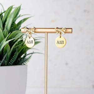 Alpha Delta Pi - Earrings – Gold Bow Dangles with Engraved Letters - Greek Merch - Big Little Gift