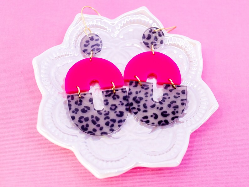 Neon Pink and Leopard Print Earrings, Summer Jewelry, Statement Earrings
