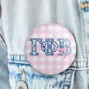 Gamma Phi Beta - Sorority Button - Pink Gingham Blue Chinoiserie Letters – Game Day Pin - Greek Merch