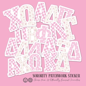 May include: A collection of Greek letter stickers featuring pink and white patterns including gingham, polka dots, and floral prints. The text at the bottom reads SORORITY PATCHWORK STICKER and Choose from 22 Officially Licensed Sororities.