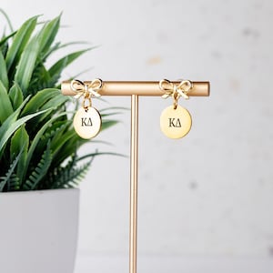 Kappa Delta - Earrings – Bow Dangle Earrings with Engraved Letters – Kay Dee Gift for Big Little Reveal or Bid Day