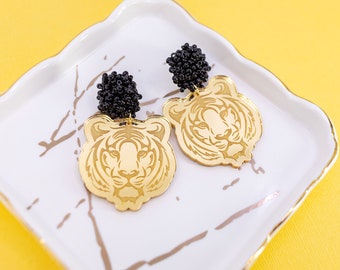Sports Earrings - Mirror Tiger Earrings with Black Bead Toppers - Acrylic Mirror Earrings - Football Earrings Black and Gold Earrings