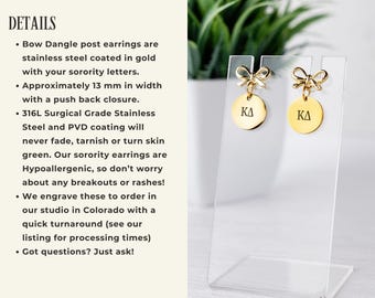 Kappa Delta Earrings – Bow Dangle Earrings With Engraved Letters
