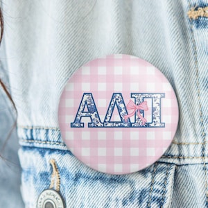 Alpha Delta Pi - Sorority Button - Pink Gingham Blue Chinoiserie Letters – Game Day Pin - Greek Merch