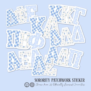 May include: A collection of Greek letter sorority stickers featuring a light blue and white color palette. The letters display various patterns including gingham checks, polka dots, and small blue floral prints on a white background.