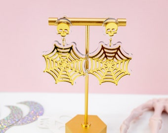 Glam Halloween Earrings - Gold Halloween Earrings - Spiderweb Earrings - Skull Earrings - Acrylic Halloween Jewelry for Halloween