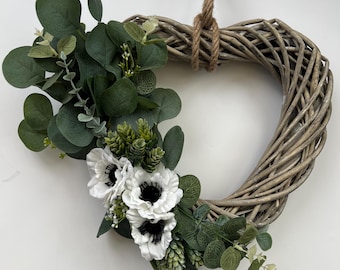 Wicker Heart Wreath: Artificial White Poppy & Green Foliage Door Decor