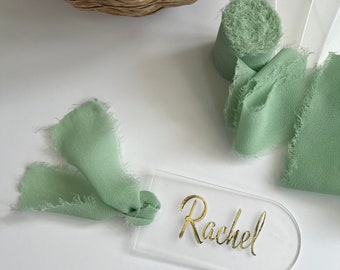 Personalised Acrylic Name Tag: Wedding Place Setting with Chiffon Ribbon