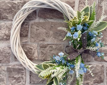 Floral white wash round Wreath:Blue flowers ,Heather and foliage mix, Artificial