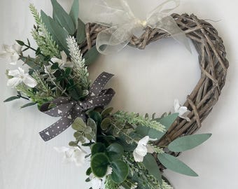 White Floral Heart Wreath: Artificial Eucalyptus, Heather foliage mix