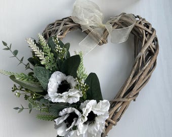 Heart Wreath White Poppies & Eucalyptus Door wreath all season wreath Wall hanging