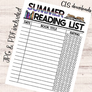 Summer Reading List Printable, JPG, PDF, Teachers downloads, School downloads, Reading List, Reading reviews, Book List printable, 8.5x11