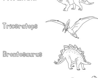May include: A black and white worksheet with the title 'Color and Match the Dinosaur'. The worksheet features four dinosaurs: Pteranodon, Triceratops, Brontosaurus, and Stegosaurus. Each dinosaur is outlined and ready to be coloured.